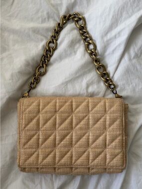 Zara Tan Quilted Shoulder Bag with Antique Gold Chain